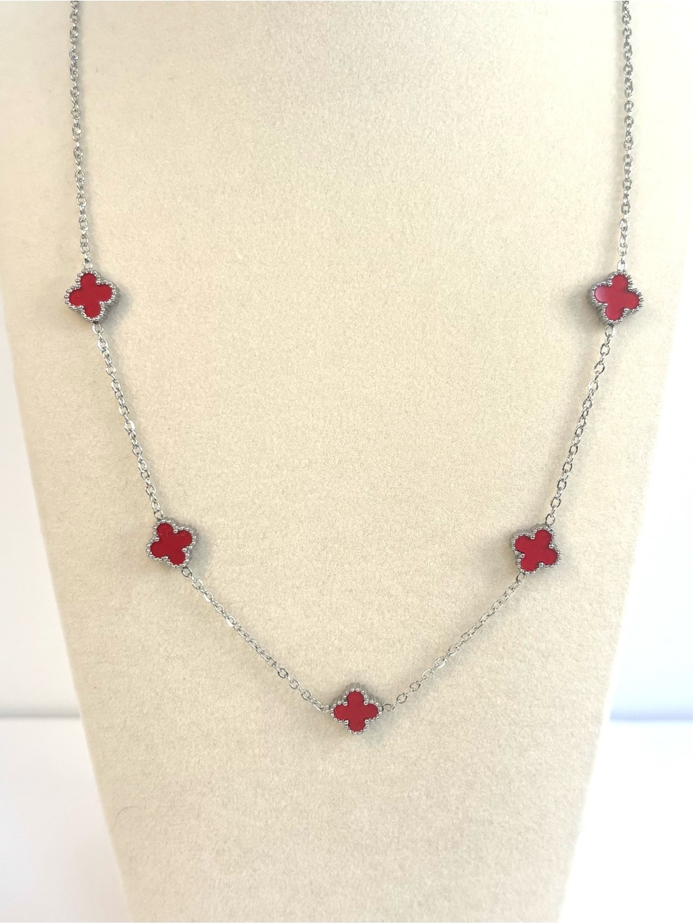Stainless Steel Quatrefoil Necklace (silver with red enamel) - Picture 2 of 4